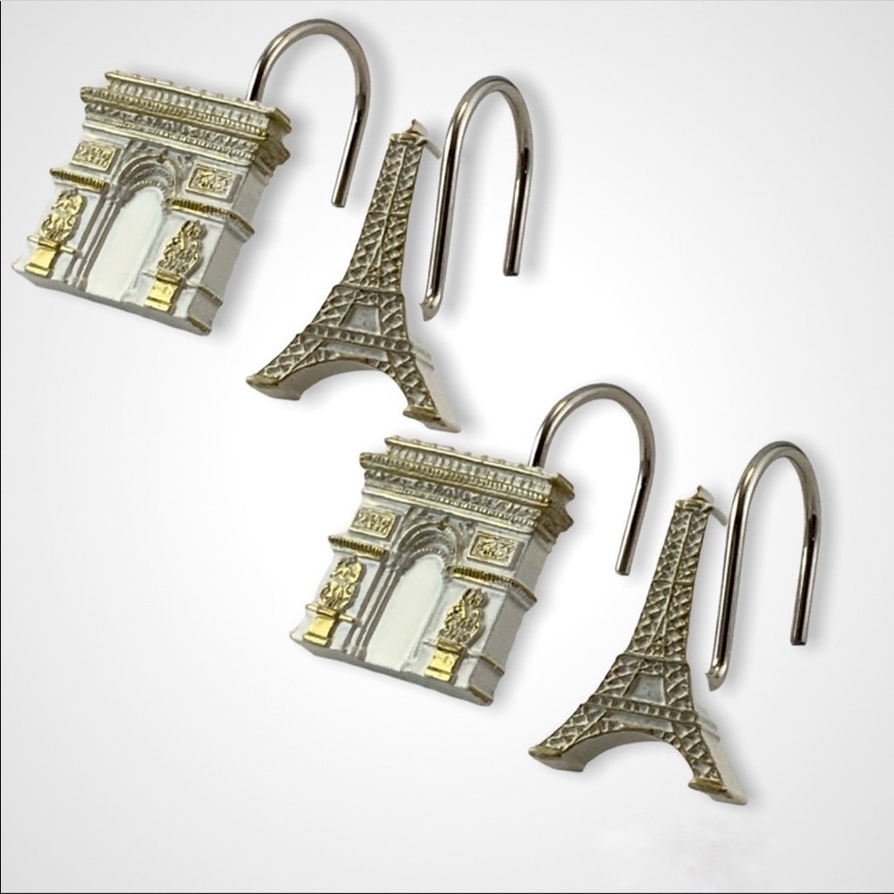 Paris Eiffel Tower Shower Curtain Fabric White Gold Multi Color 72 in X 72 in - Picture 10 of 13